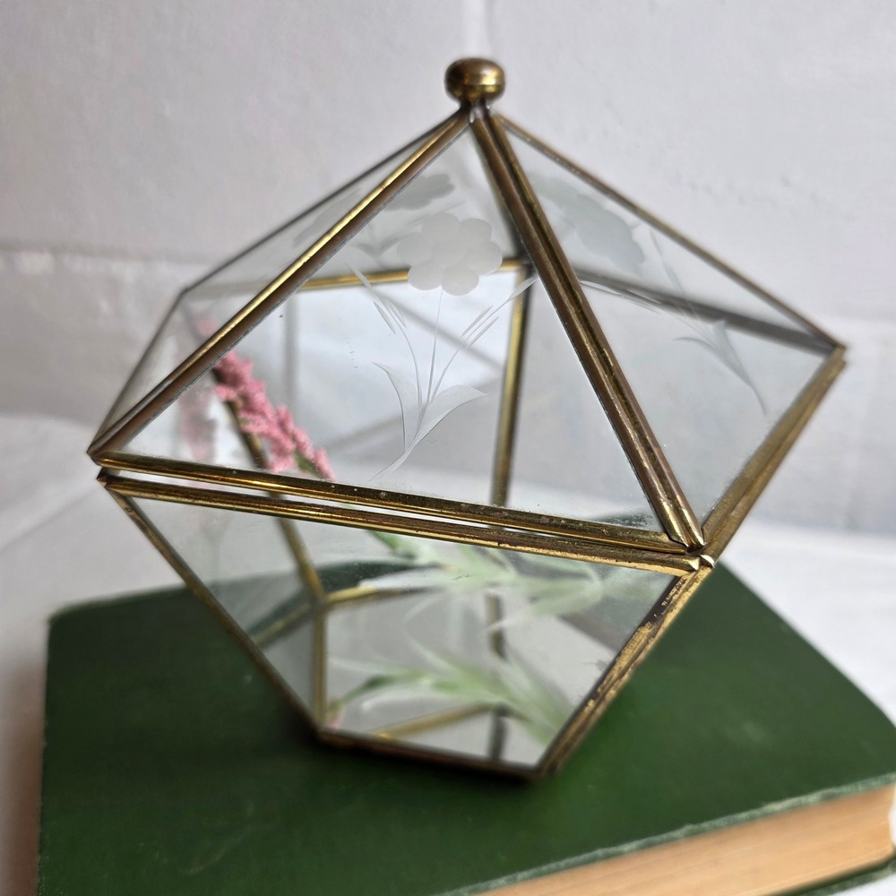 Vintage Brass Etched Glass Geometric Trinket Box Terrarium Mirrored Floral